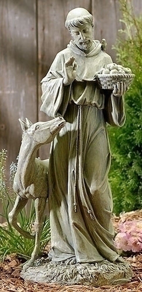 Saint Francis With Horse Statue holding basket of apples